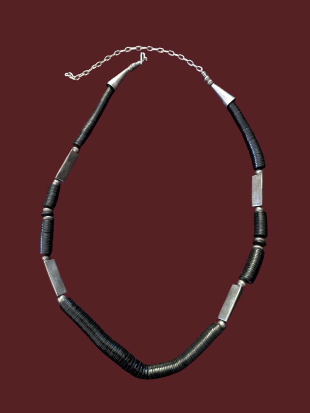 Vintage Native American 925 Sterling Silver Black Disk Bead 28.5" Necklace
